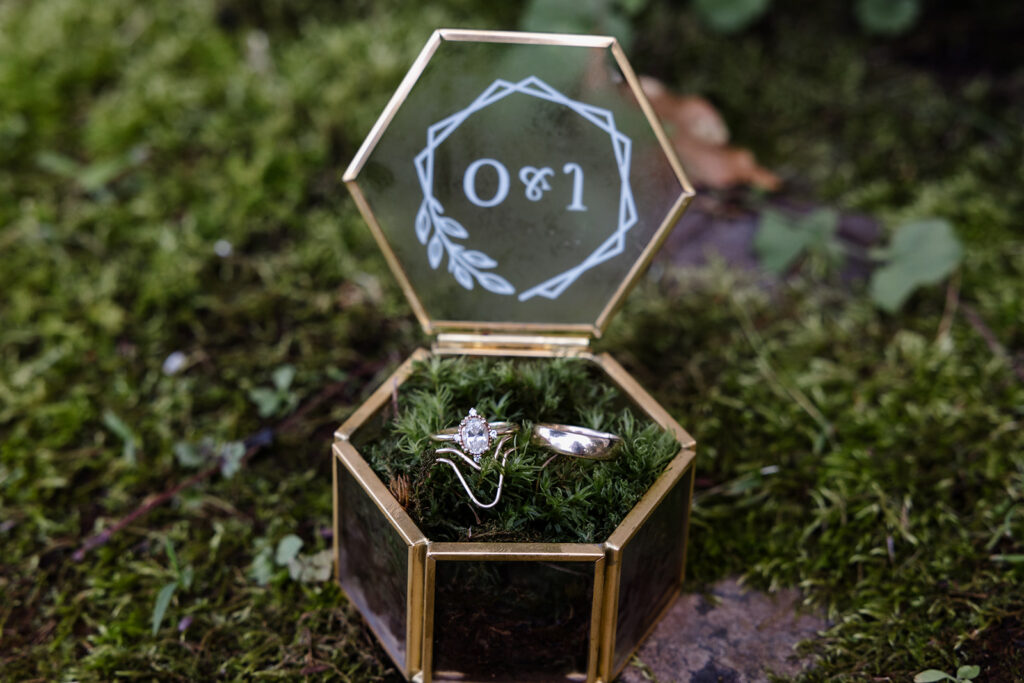 A detail photo of the rings of the bride and groom. The rings are in a hexagon shaped box made of glass and gold, and are on a bed of moss