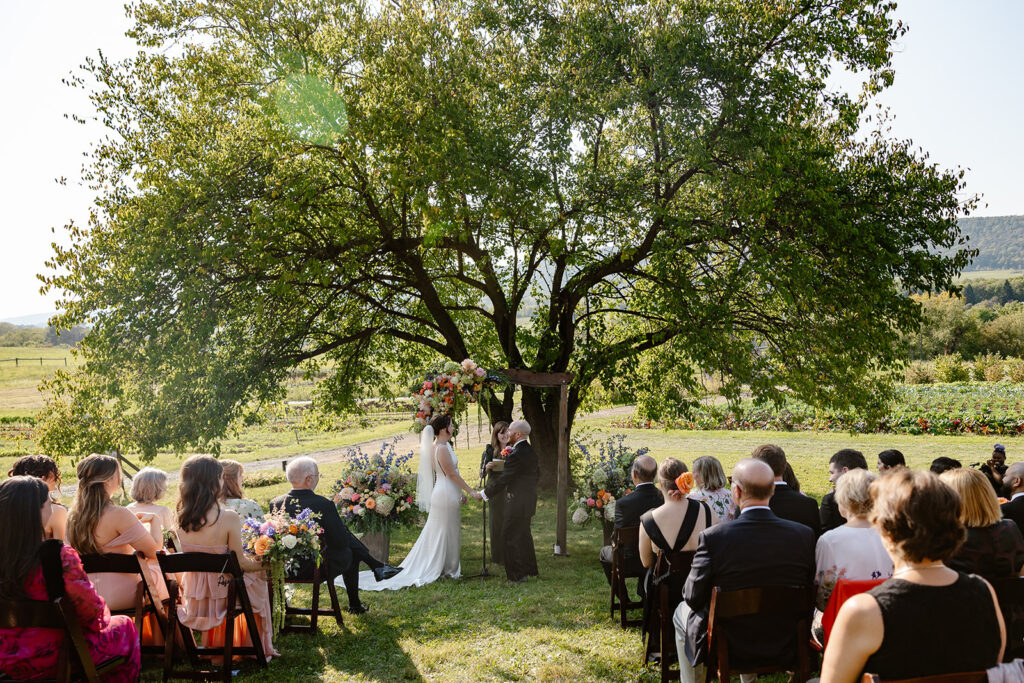 A photo of an intimate wedding ceremony. A huge mulberry tree is the backdrop. The couple is standing in front of an arbor with a beautiful floral arrangement. 