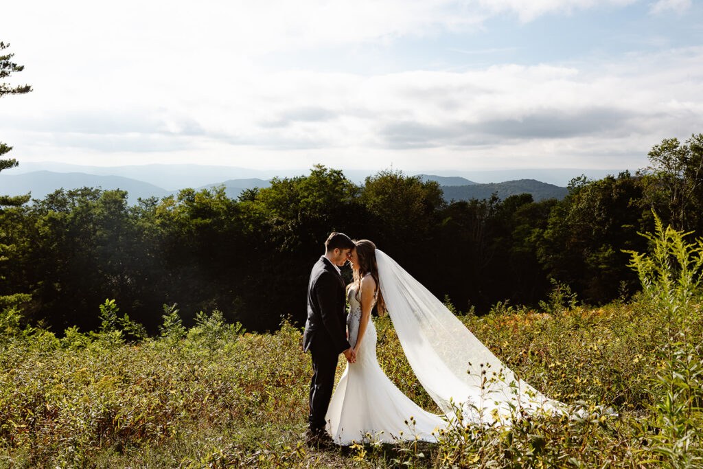 a bride and groom standing in a meadow face each other with their foreheads touching. You can see the mountains in the background. 