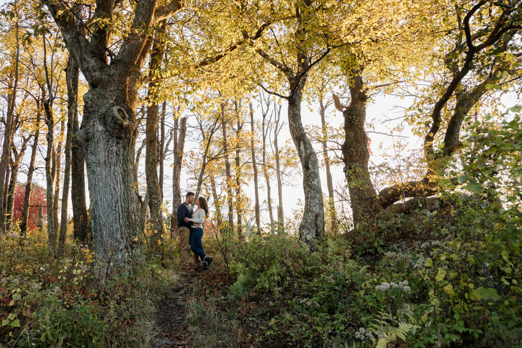 An engaged couple kissing in the woods  during their Shenandoah Adventure Session in fall. The sun is setting behind them