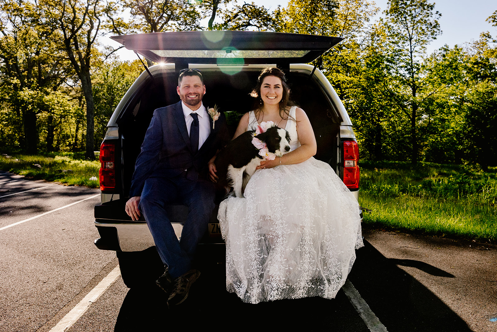A bride and groom sit in the back of their truck with their dog after their wedding ceremony in Shenandoah National Park