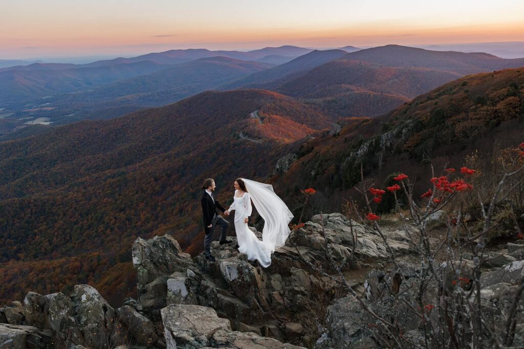 A groom holds his brides hand on top of a rock formation at Stony Man Summit. The wind is gently blowing her veil. There are some red berry bushes in the foreground