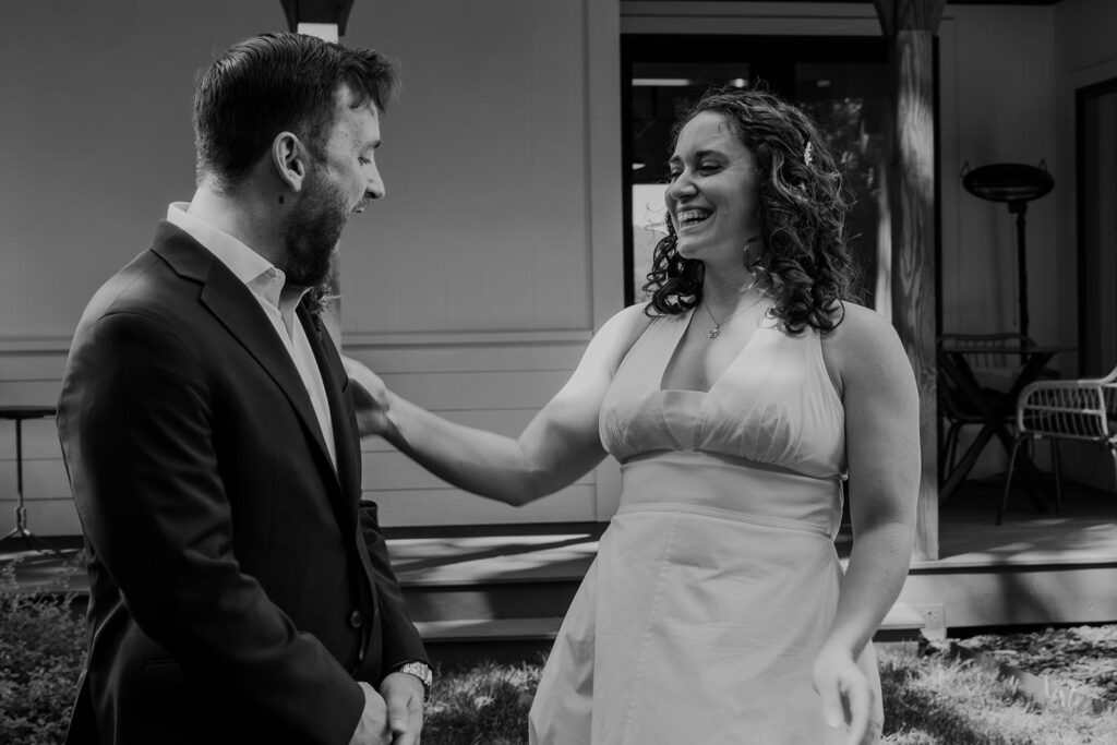 A groom sees his bride for the first time on their wedding day, and is visually taken a back by her beauty