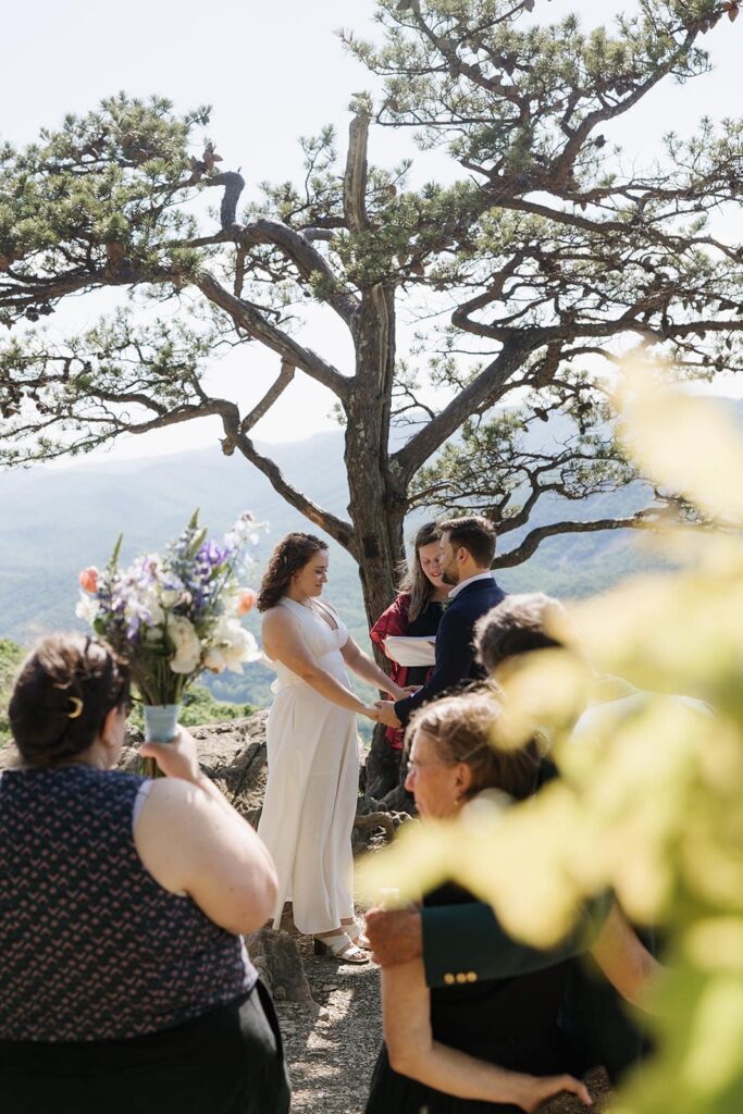 A bride and groom hold hands during their elopement ceremony in front of family in Virginia