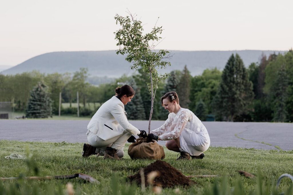 A couple plants a tree in the wedding attire the morning after the ceremony as part of their full day elopement experience